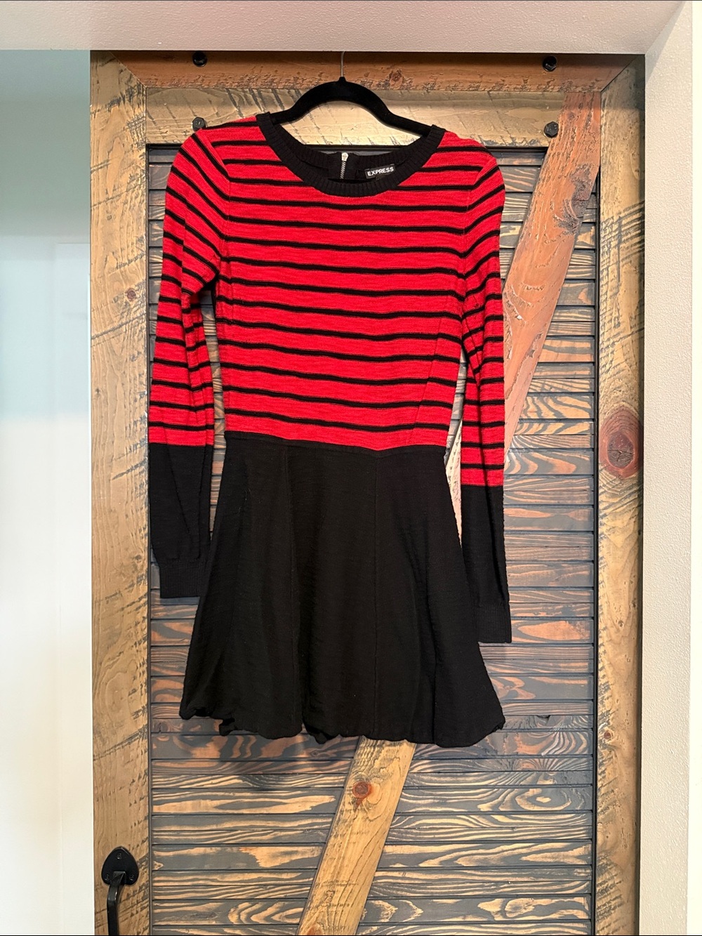 Express Red and Black Striped Fit & Flare Sweater Dress